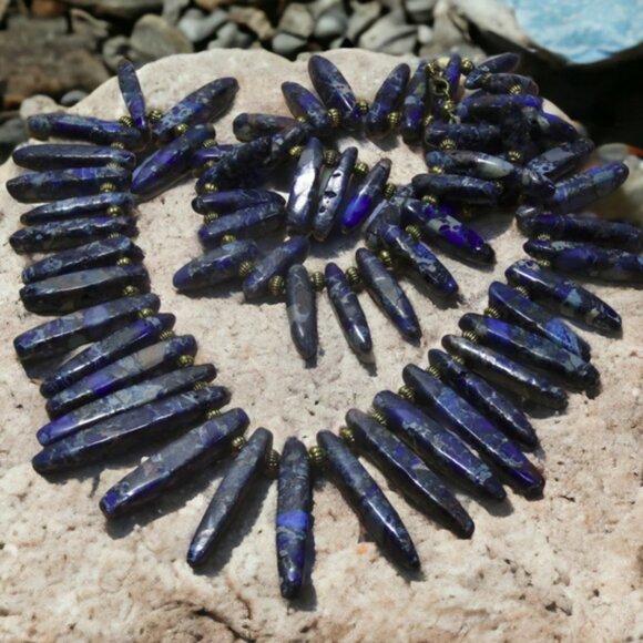 NEW Handmade Blue Jasper Gemstone Spike Statement Necklace. - Picture 1 of 8
